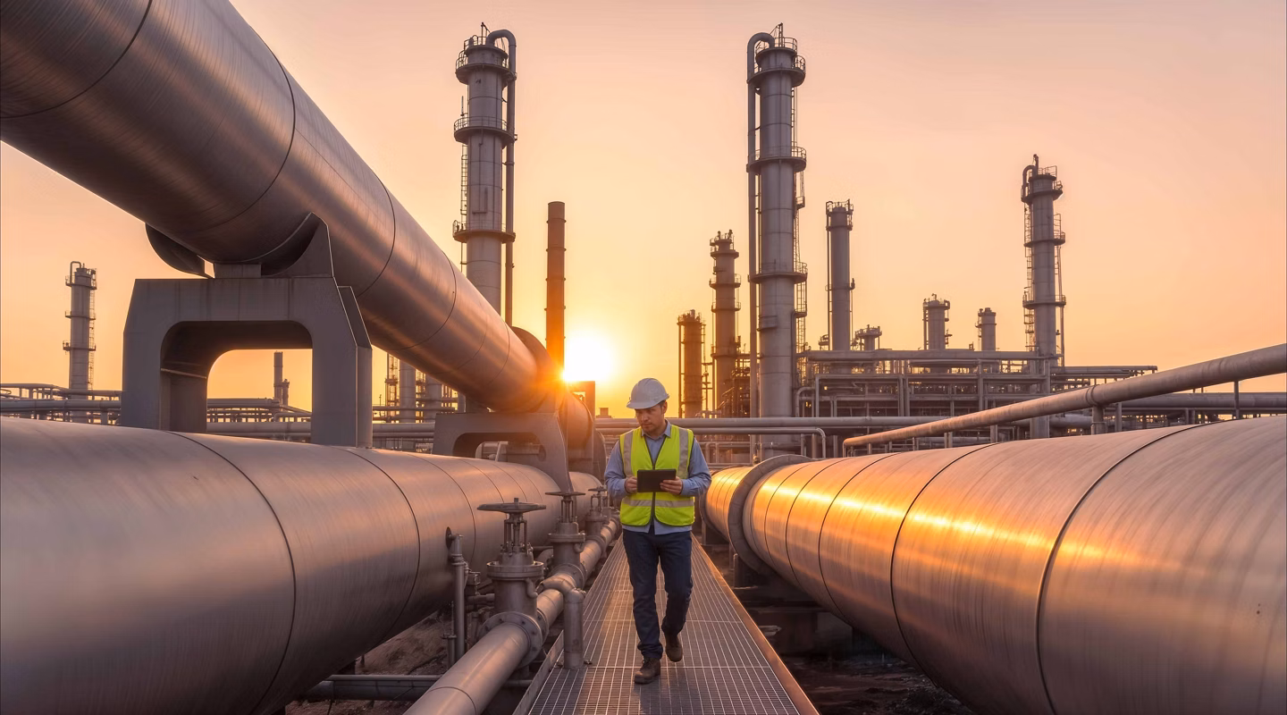 Engineer inspecting pipelines at industrial refinery
