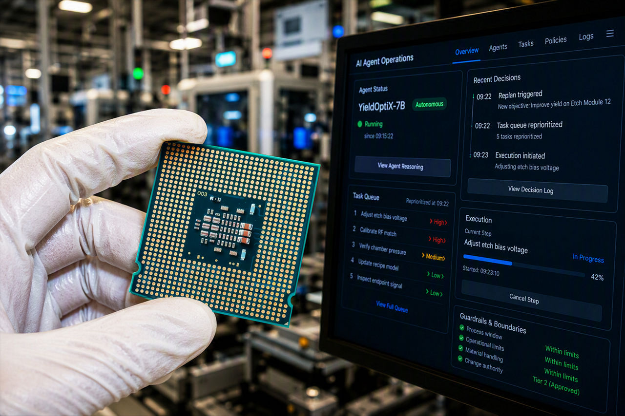 Engineer inspects microchip in AI operations lab