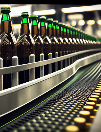 Beer bottles filling on the conveyor belt in the brewery factory. Ai generative