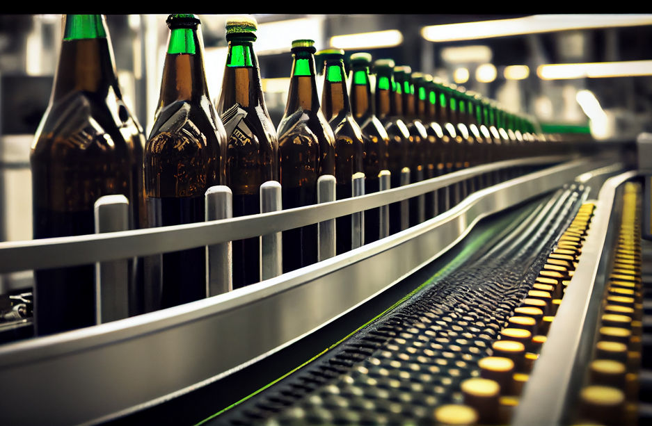 Beer bottles filling on the conveyor belt in the brewery factory. Ai generative