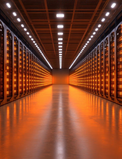 This photograph showcases an endless aisle of data center racks, brightly illuminated with warm orange tones, demonstrating technological depth and modernity.
