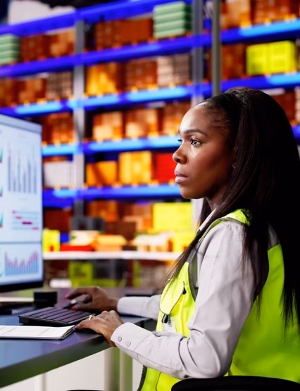 Warehouse Inventory Management On Computer. Staff In Office