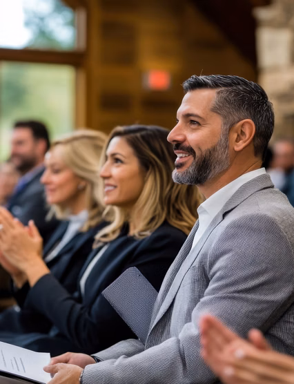 Professional seminar setting with a diverse group of business attendees, enthusiastically applauding a speaker, ultra-clear and detailed, warm and inviting professional atmosphere