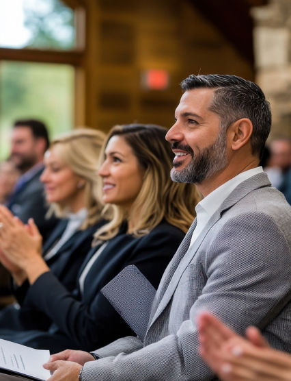 Professional seminar setting with a diverse group of business attendees, enthusiastically applauding a speaker, ultra-clear and detailed, warm and inviting professional atmosphere