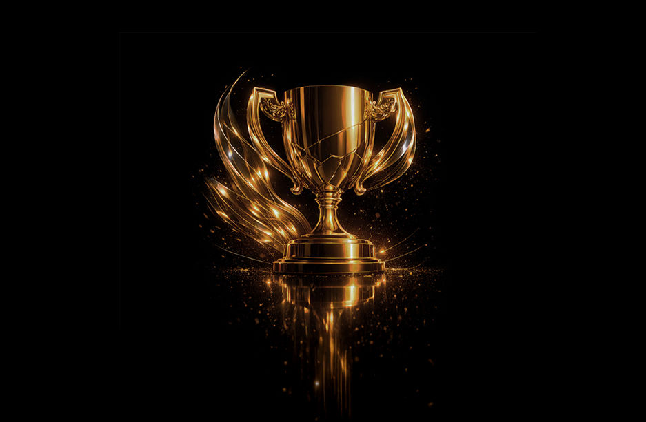 Golden trophy with glowing light streaks on a dark background