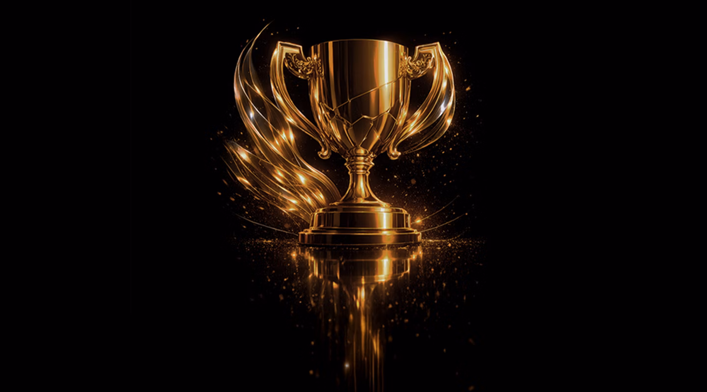 Golden trophy with glowing light streaks on a dark background