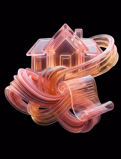 Abstract glass house wrapped in flowing ribbon
