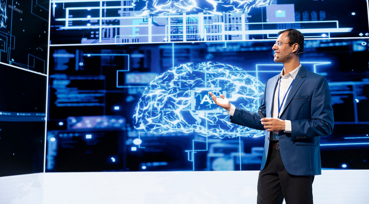 Cheerful presenter speaking at tech conference, exploring latest AI technology trends and case studies. Upbeat IT professional presenting how artificial intelligence is shaping future during event
