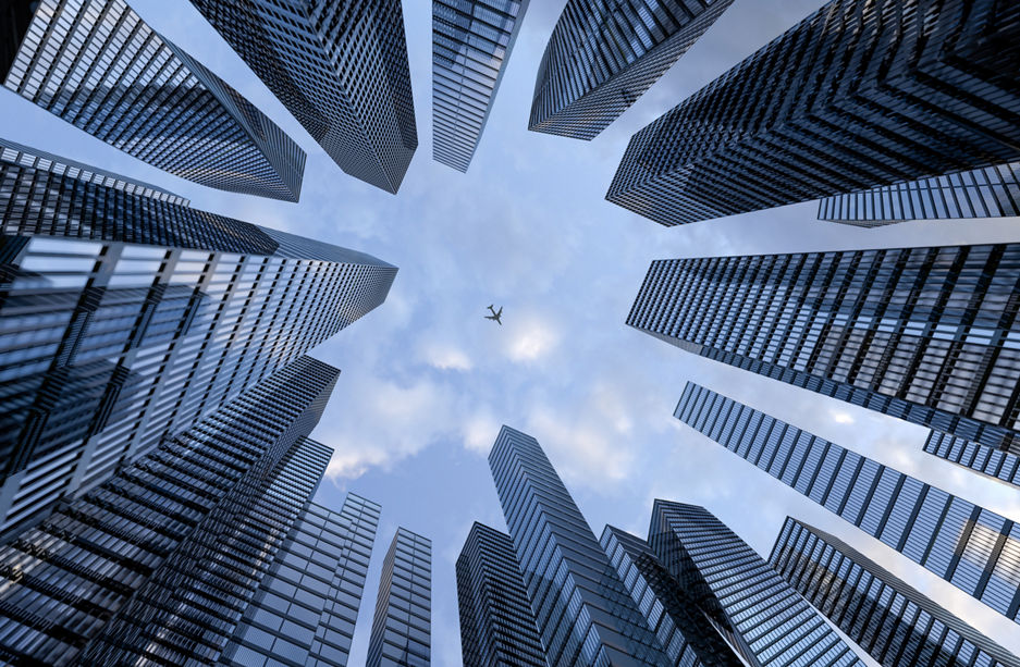Perspective view to steel light blue of glass high rise building skyscraper city of future and airplane. Business and travel concept of industry tech architecture. 3d rendering. 3d illustration