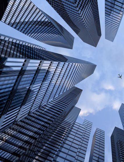 Perspective view to steel light blue of glass high rise building skyscraper city of future and airplane. Business and travel concept of industry tech architecture. 3d rendering. 3d illustration