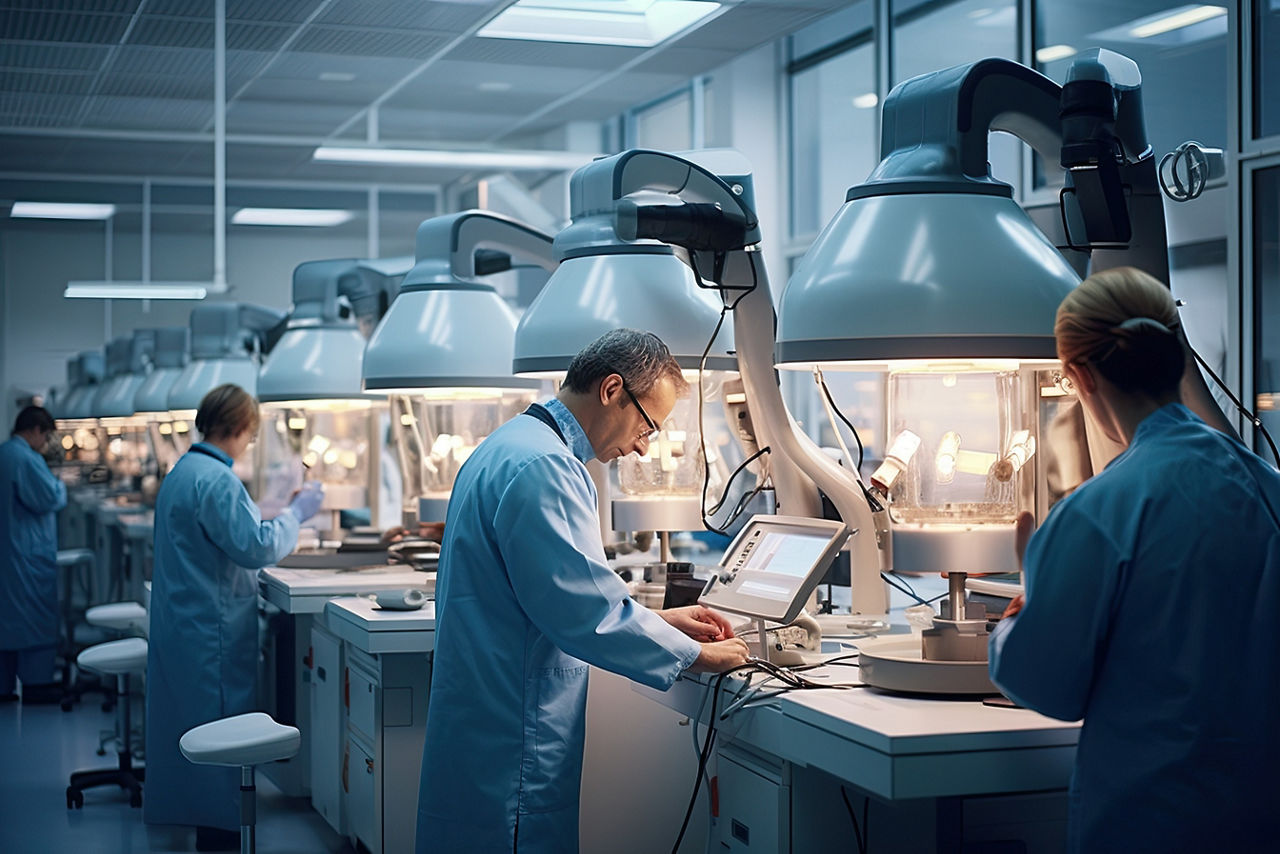 Cutting-edge technology drives a collaborative research effort in a state-of-the-art laboratory, focused on healthcare and innovation.