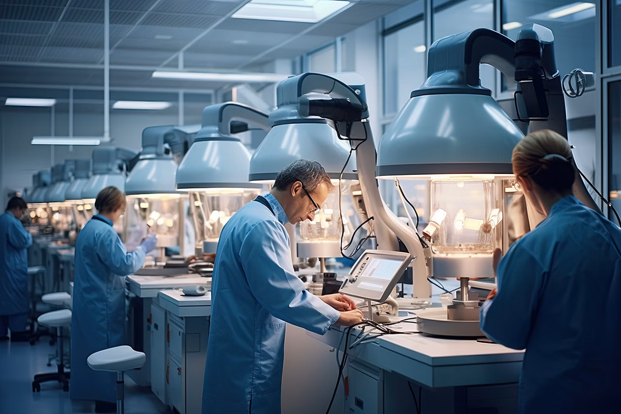 Cutting-edge technology drives a collaborative research effort in a state-of-the-art laboratory, focused on healthcare and innovation.