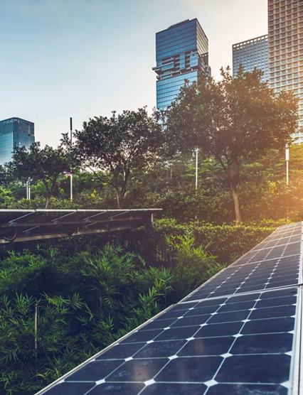 Roof top solar installation with shenzhen downtown skyline view as background,China.