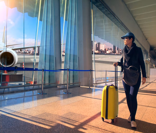 traveling woman and luggage walking in airport terminal and air plane flying outside