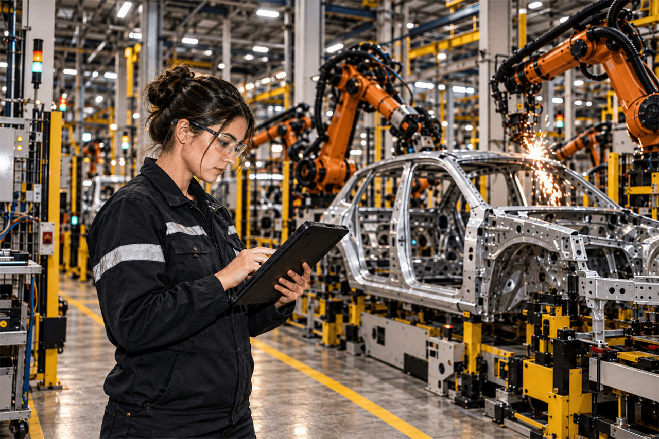 Engineer inspecting robotic car assembly line