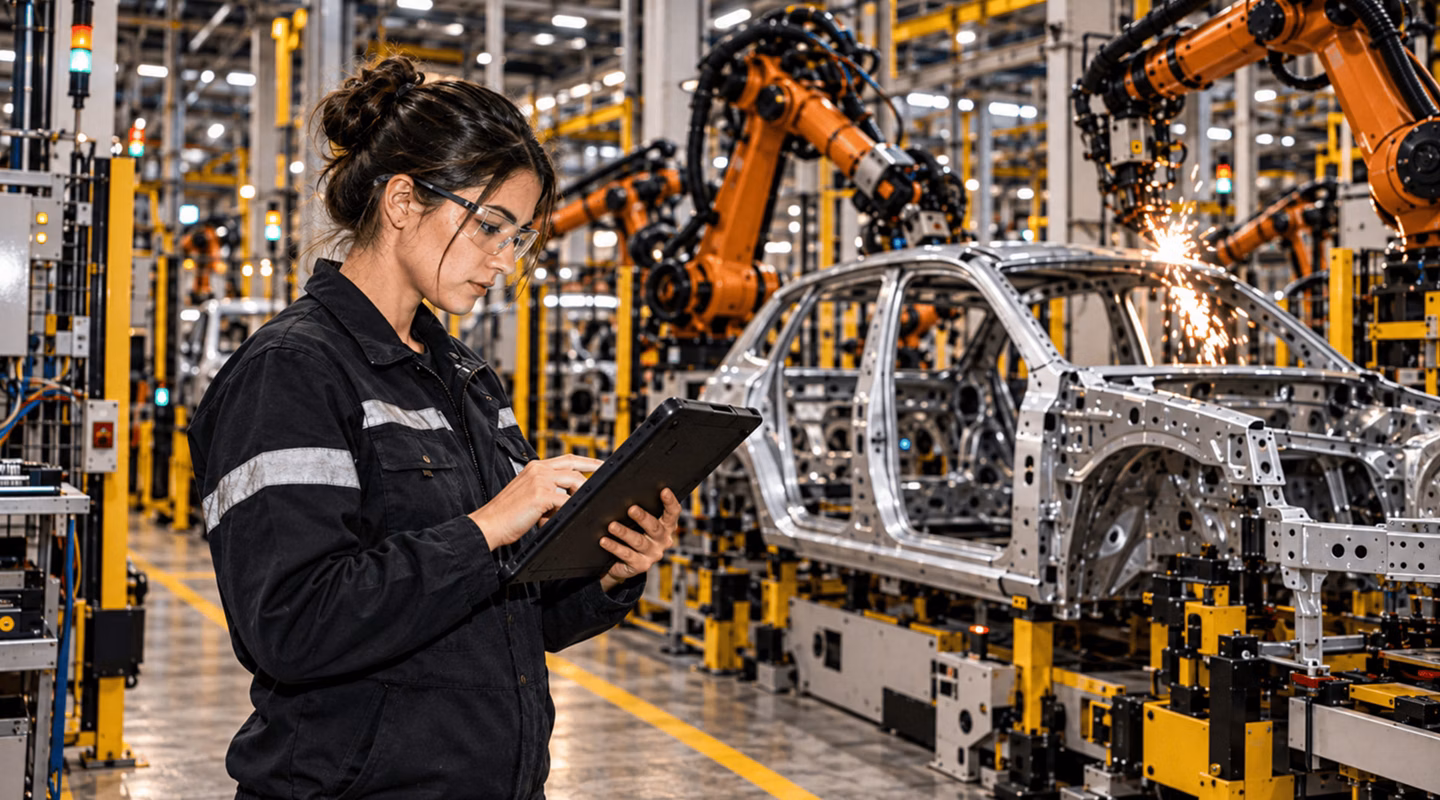 Engineer inspecting robotic car assembly line