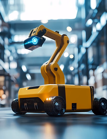 3D-printed delivery bot emerging from a factory, showcasing cutting-edge technology and the future of automated logistics