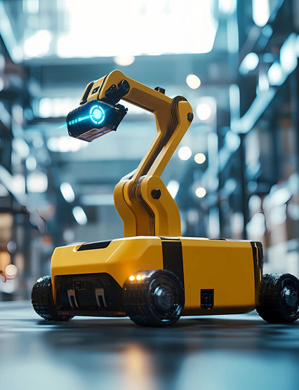 3D-printed delivery bot emerging from a factory, showcasing cutting-edge technology and the future of automated logistics