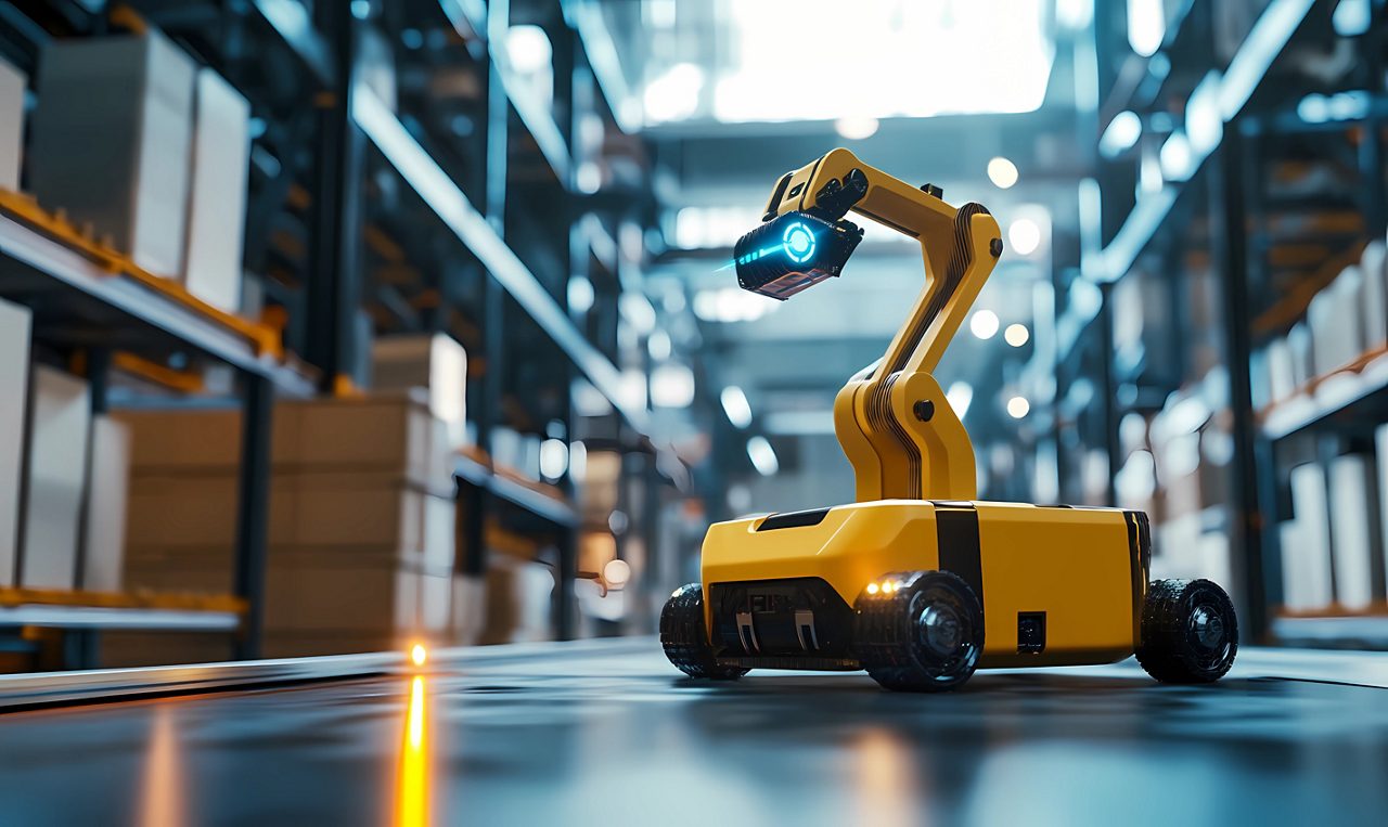 3D-printed delivery bot emerging from a factory, showcasing cutting-edge technology and the future of automated logistics