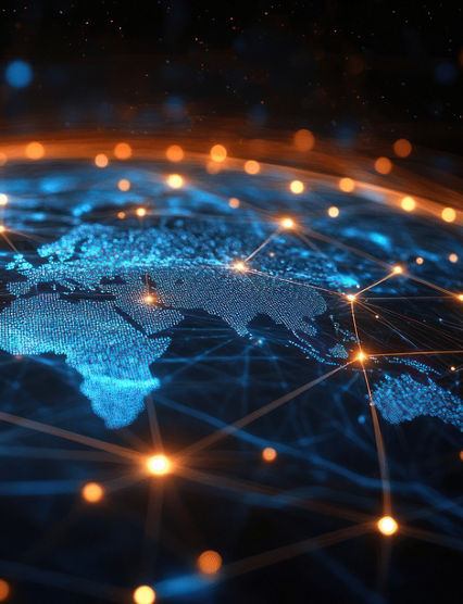 A glowing global network with blue and orange lines connecting the world, symbolizing connectivity and technology on a black background. --ar 53:30 --v 6.1 Job ID: aa48b861-fb55-42fb-a010-25479d828581