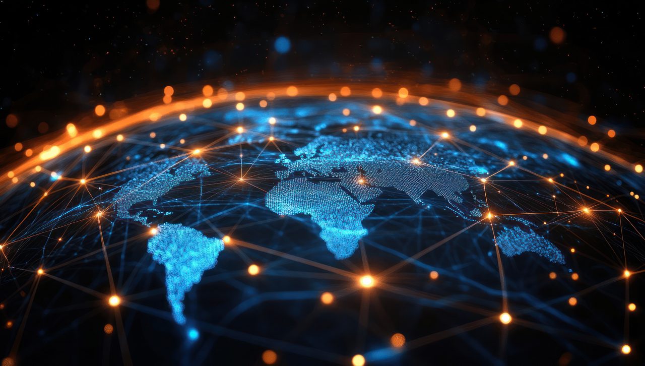 A glowing global network with blue and orange lines connecting the world, symbolizing connectivity and technology on a black background. --ar 53:30 --v 6.1 Job ID: aa48b861-fb55-42fb-a010-25479d828581