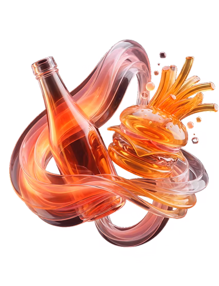 Abstract swirling soda bottle splash with burgers and finger chips