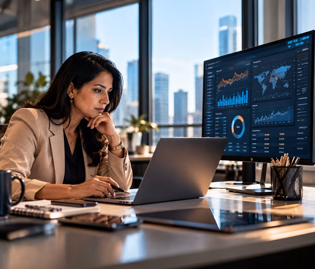 Business analyst reviewing data on computer screens
