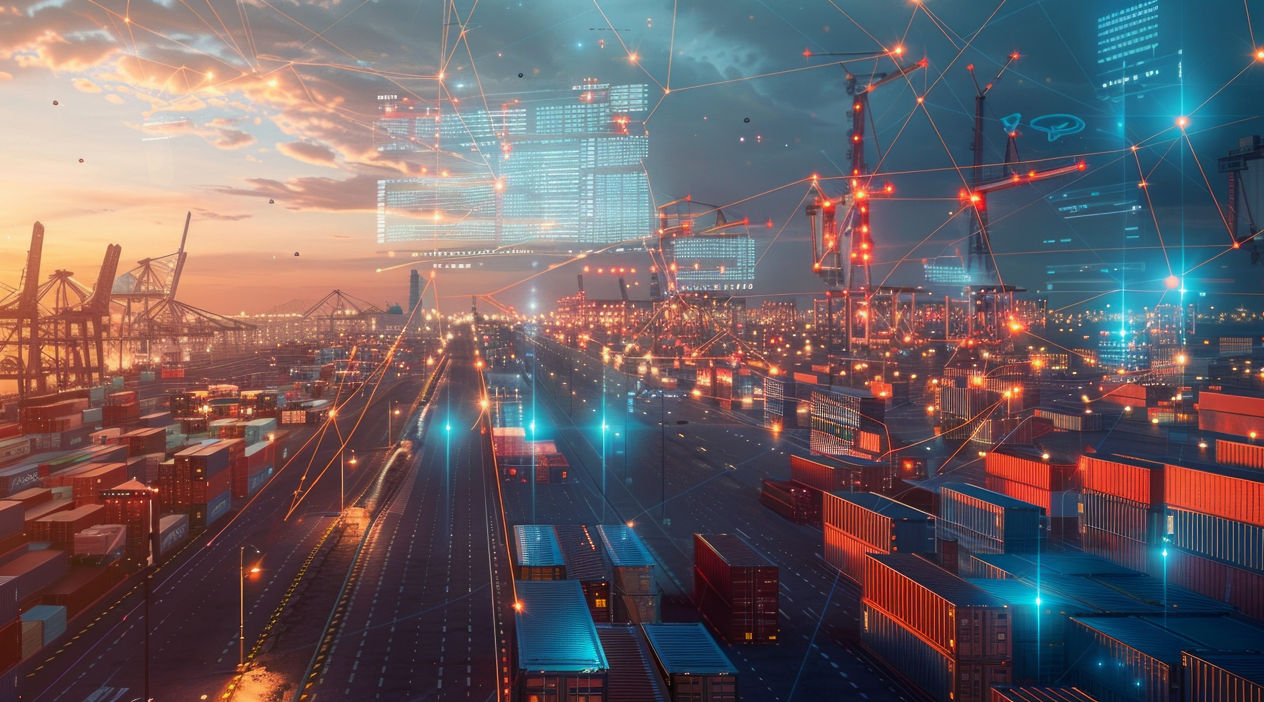 A busy industrial city port at dusk, illuminated by lights and twilight sky. Packed with colorful shipping containers, cranes, and bustling activity.