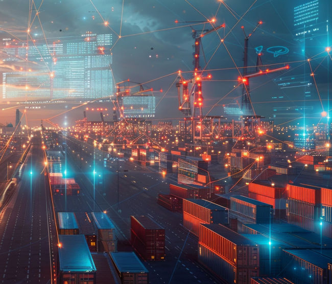 A busy industrial city port at dusk, illuminated by lights and twilight sky. Packed with colorful shipping containers, cranes, and bustling activity.
