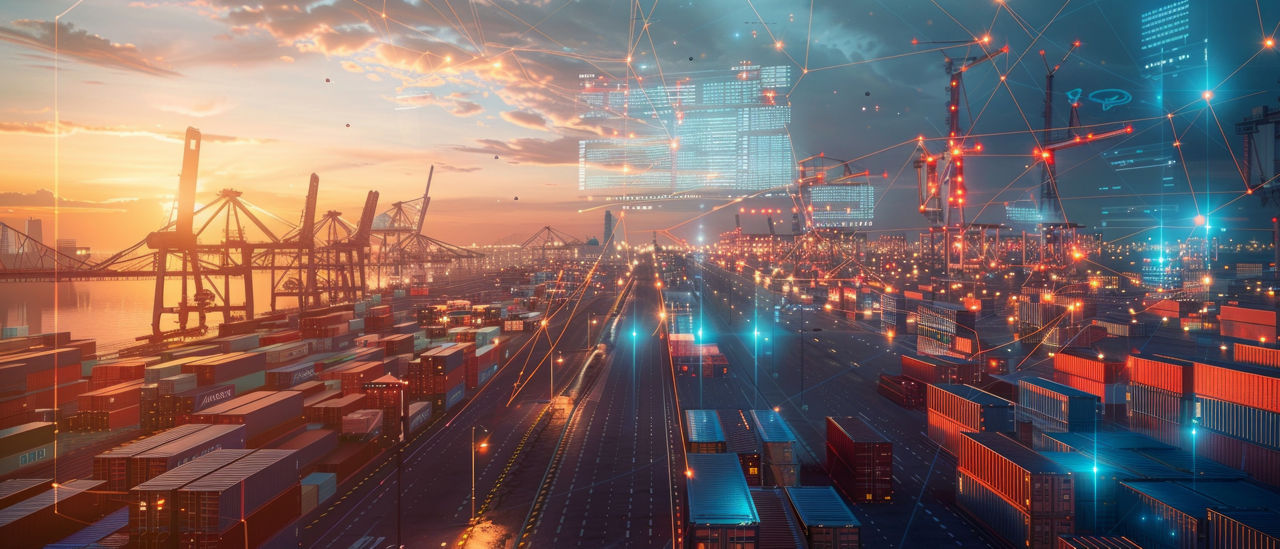 A busy industrial city port at dusk, illuminated by lights and twilight sky. Packed with colorful shipping containers, cranes, and bustling activity.