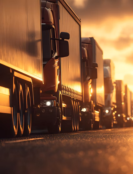 A low-angle view of numerous semi-trucks lined up on a wet road, reflecting the vibrant orange and yellow hues of a dramatic sunset sky. The scene evokes a sense of journey and industrial activity.