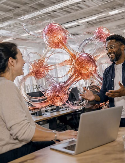 Coworkers discuss futuristic digital data visualization