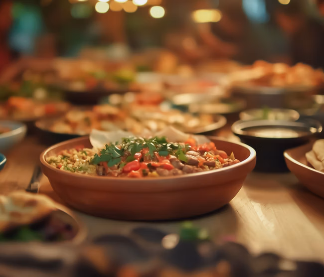 A vibrant display of various dishes on a long wooden table, with diverse people gathering around, enjoying a warm and inviting meal.