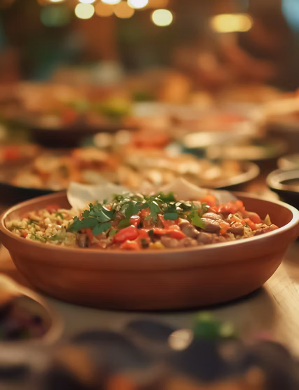 A vibrant display of various dishes on a long wooden table, with diverse people gathering around, enjoying a warm and inviting meal.