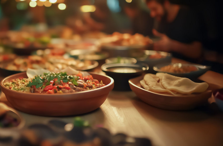 A vibrant display of various dishes on a long wooden table, with diverse people gathering around, enjoying a warm and inviting meal.
