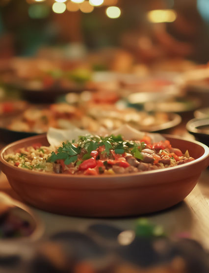A vibrant display of various dishes on a long wooden table, with diverse people gathering around, enjoying a warm and inviting meal.