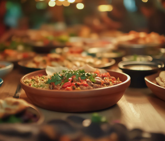 A vibrant display of various dishes on a long wooden table, with diverse people gathering around, enjoying a warm and inviting meal.