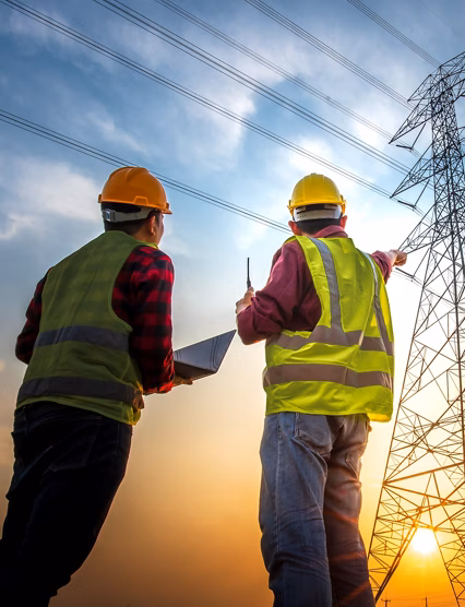Picture of two electrical engineers using a notebook computer standing at a power station to view the planning work by producing electrical energy at high voltage electrodes.