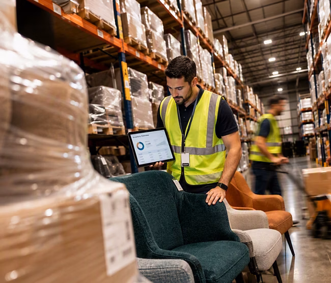 Warehouse worker inspecting furniture with tablet
