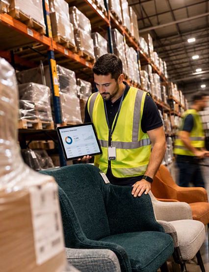 Warehouse worker inspecting furniture with tablet