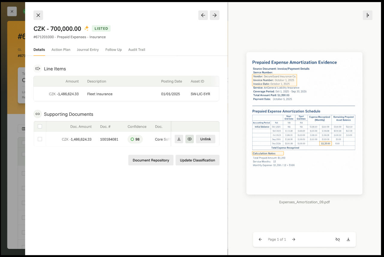 Financial dashboard with prepaid expense document