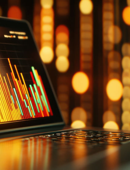 A close-up view of a laptop showcasing dynamic data visualizations with colorful bars and graphs, set against a warm ambient background of glowing lights, indicating a modern workspace at night.