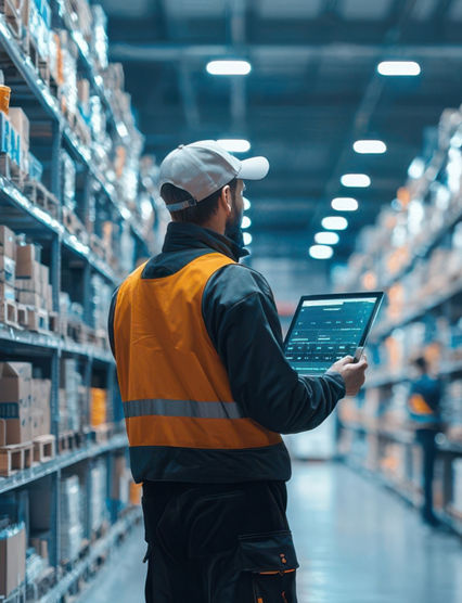 Warehouse worker checking stock levels on a digital screen while walking between aisles, mobile inventory, on-the-go solutions