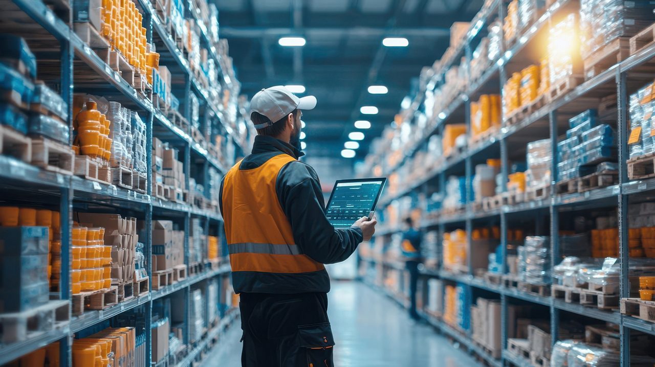 Warehouse worker checking stock levels on a digital screen while walking between aisles, mobile inventory, on-the-go solutions