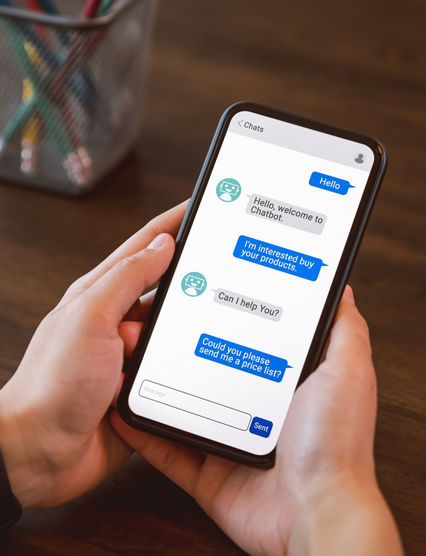 Digital chatbot and sent to recipient on mobile, hand using smartphone, Artificial intelligence, innovation and technology.