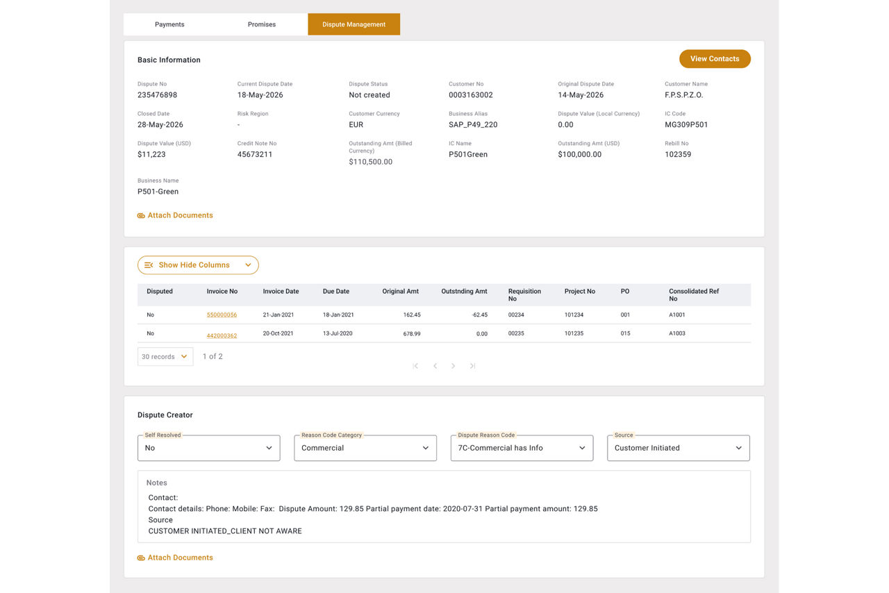 Dispute management dashboard with financial details