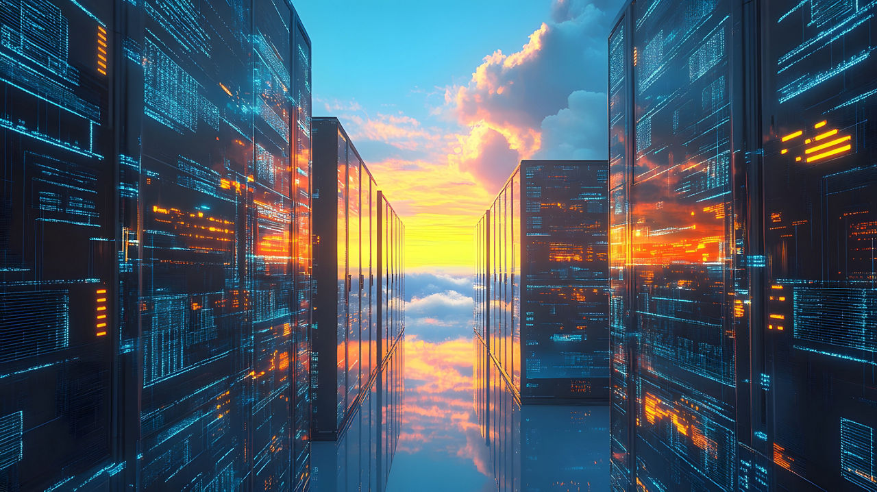 Data Center Sunset: Capturing a futuristic data center bathed in the warm glow of a sunset, highlighting technology and digital infrastructure.