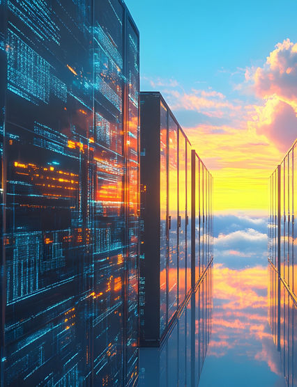 Data Center Sunset: Capturing a futuristic data center bathed in the warm glow of a sunset, highlighting technology and digital infrastructure.