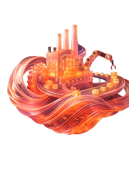 Glowing illustration of an automated factory with robotic arms and conveyor belts.