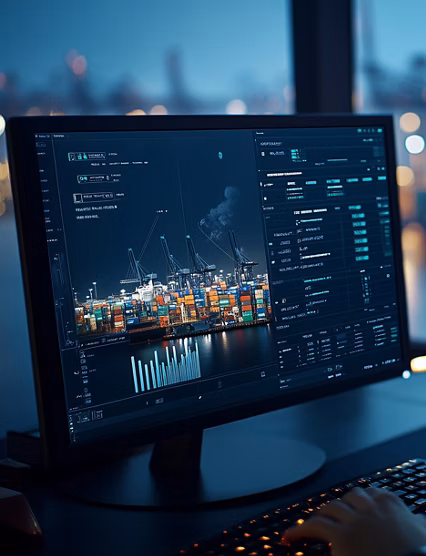 Close-up of an officer scrolling through shipping manifests and cargo metrics on a computer, with the busy port operations blurred in the background through the office window.
